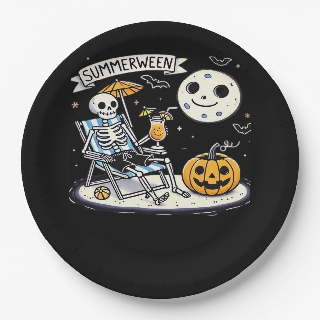 Happy Summerween Skeleton Drink Summer Halloween M Paper Plate (Front)