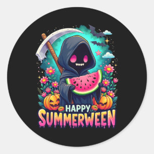 Happy Summerween Skeleton Jack-o-lantern Summer Wa Classic Round Sticker