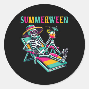 Happy Summerween Summer Halloween Skeleton Classic Round Sticker