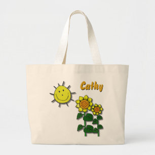 Happy Sun and Sunflowers Large Tote Bag