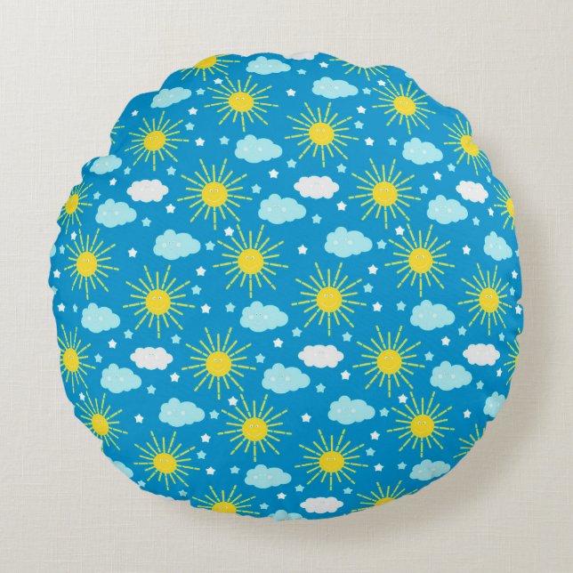 Happy Sun, Clouds, and Stars Round Cushion (Front)