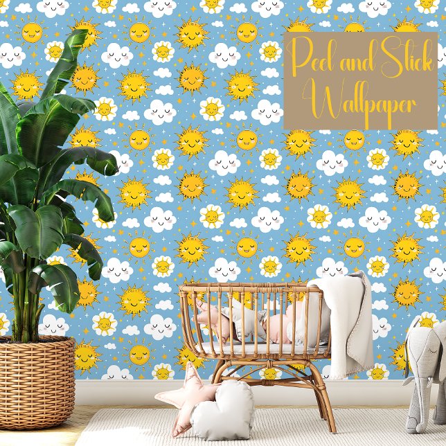 Happy Sun Clouds Kids Blue Peel And Stick  Wallpaper (Creator Uploaded)