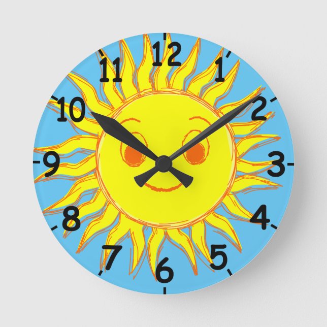 Happy Sun Face Drawing Round Clock (Front)