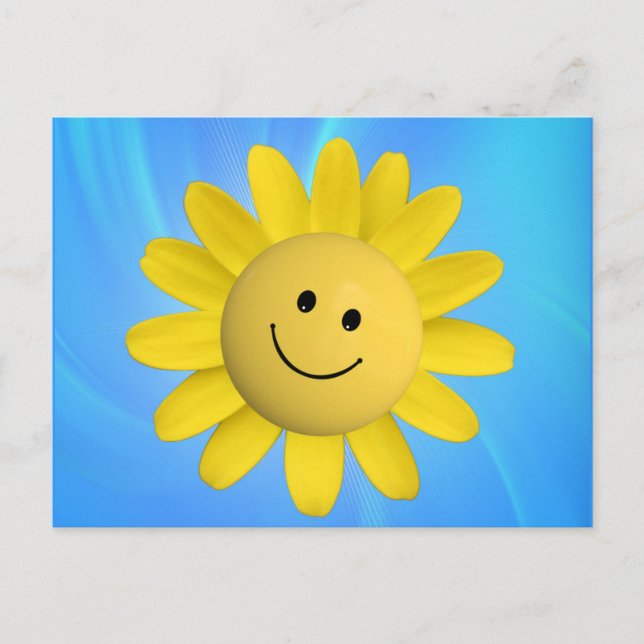 HAPPY SUN FLOWER SMILIE FACE CARTOON GRAPHIC BLUE  POSTCARD (Front)
