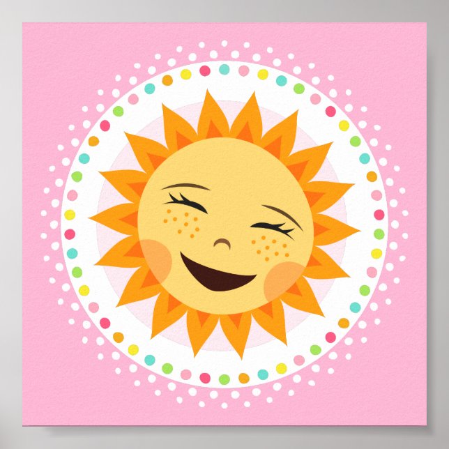 Happy sun with colourful polka dot border wall art (Front)