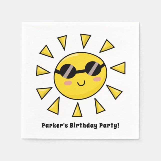 Happy Sun with Sunglasses Birthday Party Napkin (Front)