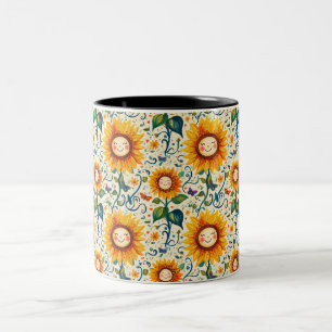 Happy Sunflowers: Cheery Sunflower Pattern Two-Tone Coffee Mug