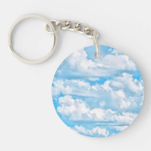 Happy Sunny Clouds Blue Background Key Ring