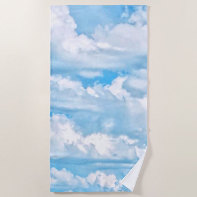 Happy Sunny Clouds Light Blue Sky Background on a Beach Towel (Front)