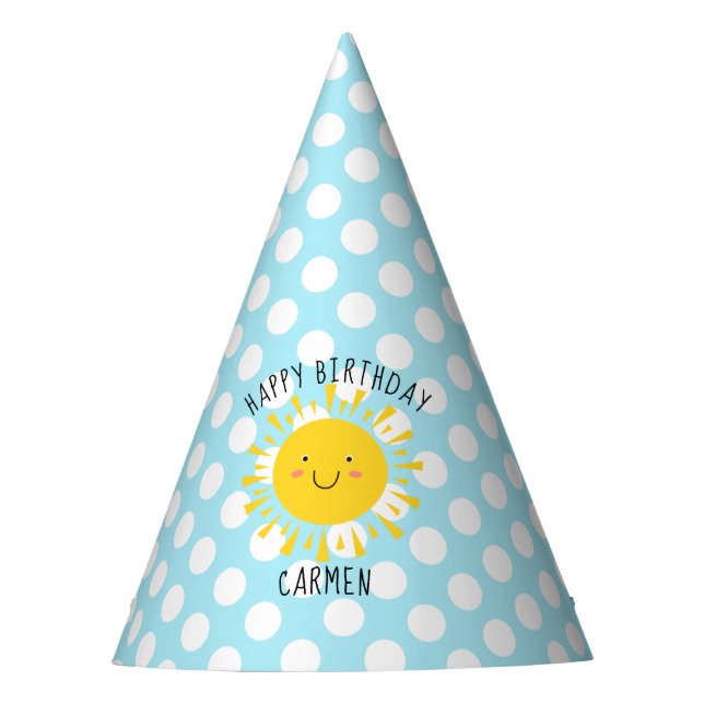 Happy Sunshine Polka Dot Blue Birthday Party Hat (Front)