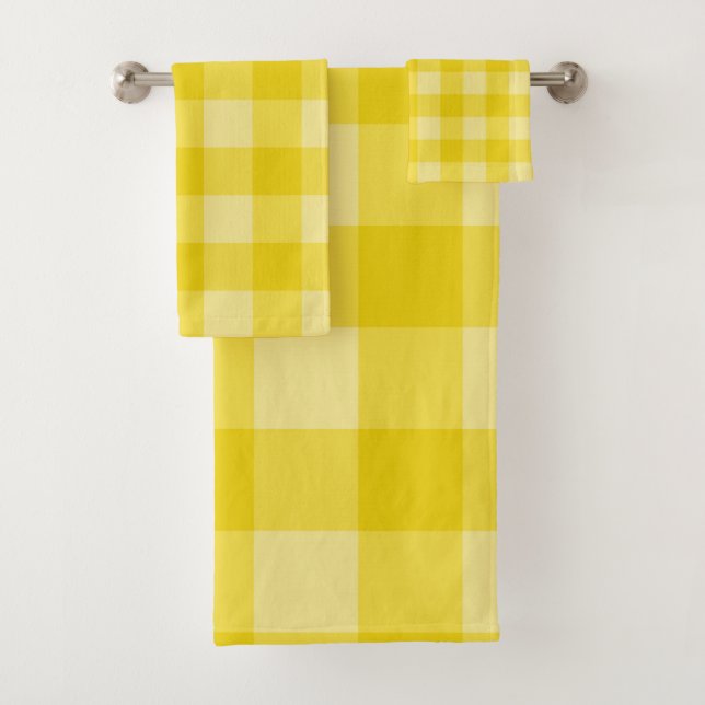 Happy Sunshine Yellow Chequered Squares Plaid Bath Towel Set (Insitu)