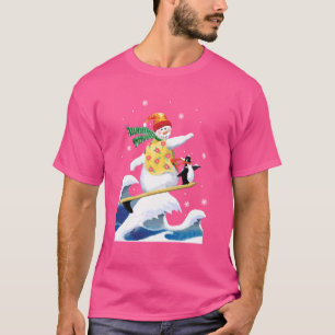 Happy Surfer Snowman Surfing Funny Christmas Xmas T-Shirt