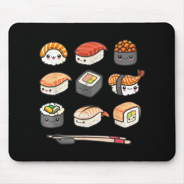 Happy Sushi Anime Kawaii Set Japanese Food Lover O Mouse Mat (Front)