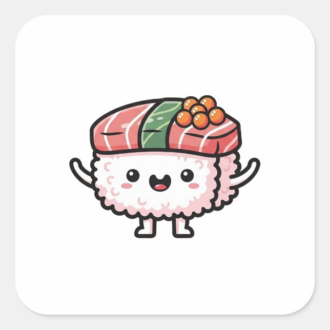 Happy Sushi Slice – Cute Kawaii Illustration Square Sticker (Front)