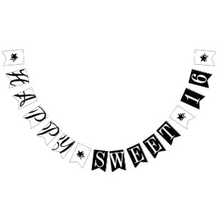 HAPPY SWEET 16 Black And White Birthday Decor Bunting