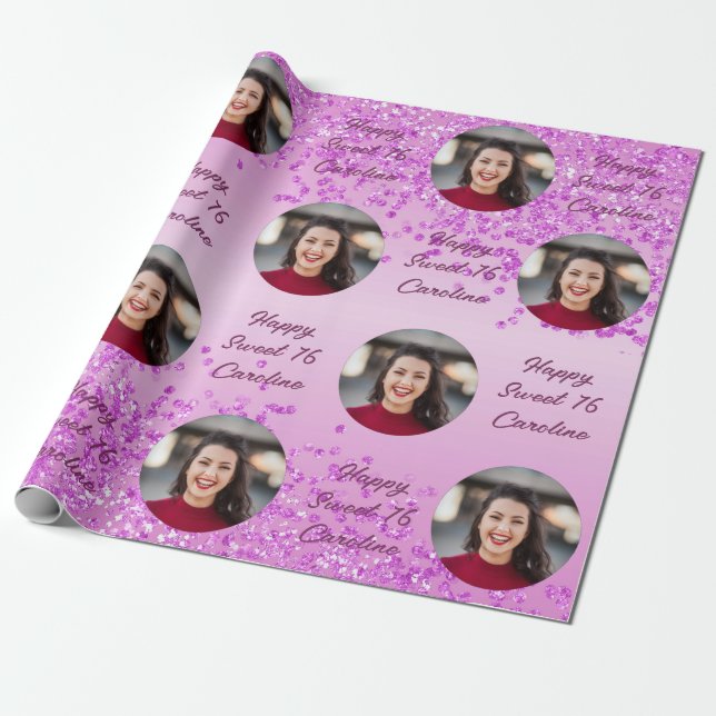 Happy Sweet 16 Falling Pink Glitter & Photo Wrapping Paper (Unrolled)