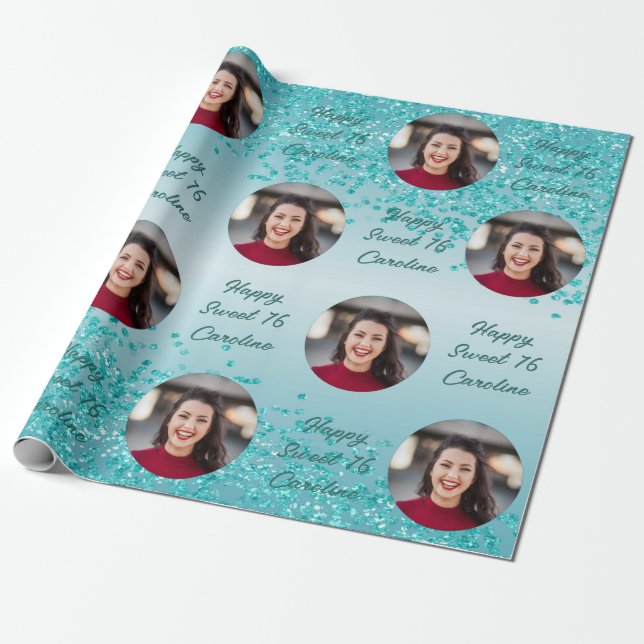 Happy Sweet 16 Falling Teal Blue Glitter & Photo Wrapping Paper (Unrolled)