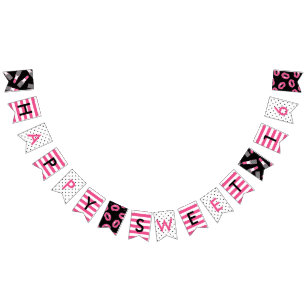 Happy Sweet 16 Pink & Black Makeup & Stripes Bunting