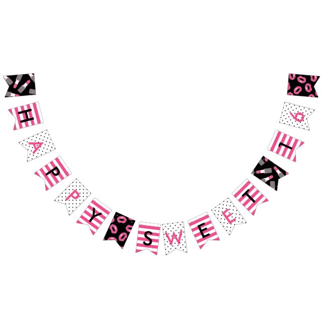 Happy Sweet 16 Pink & Black Makeup & Stripes Bunting (All)