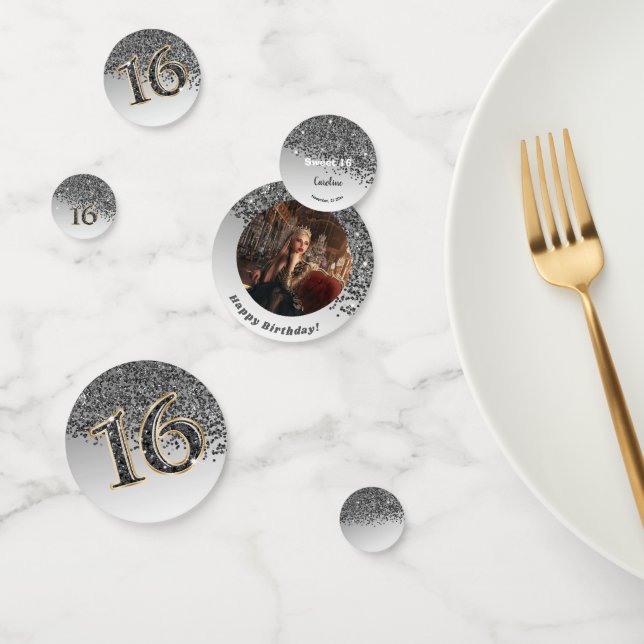 Happy Sweet 16th Birthday Falling Black Glitter Confetti (Group)