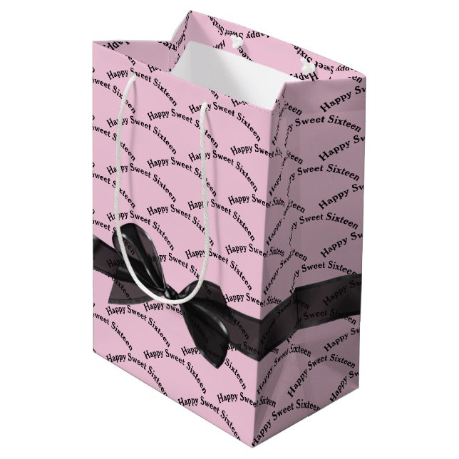 Happy Sweet Sixteen Black Bow On Pink Medium Gift Bag (Back Angled)