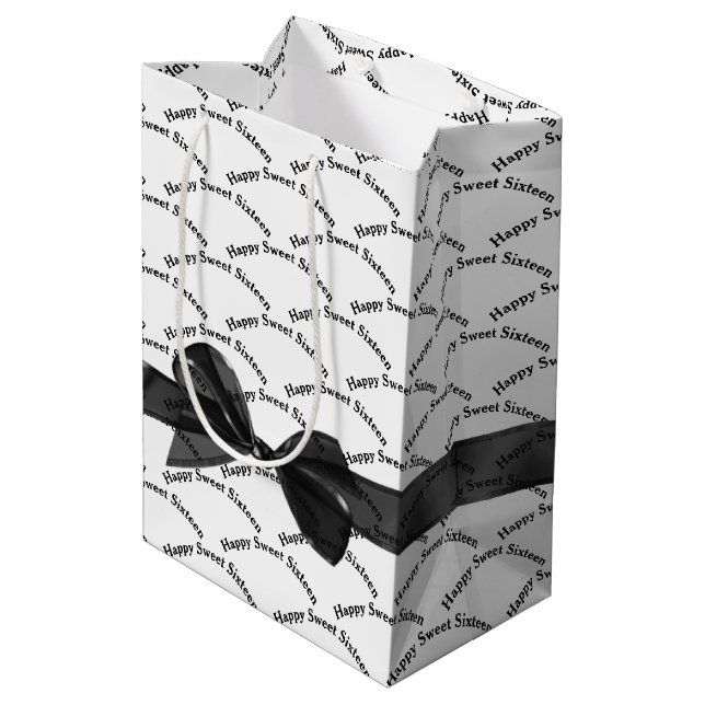 Happy Sweet Sixteen Black Bow On White Medium Gift Bag (Back Angled)