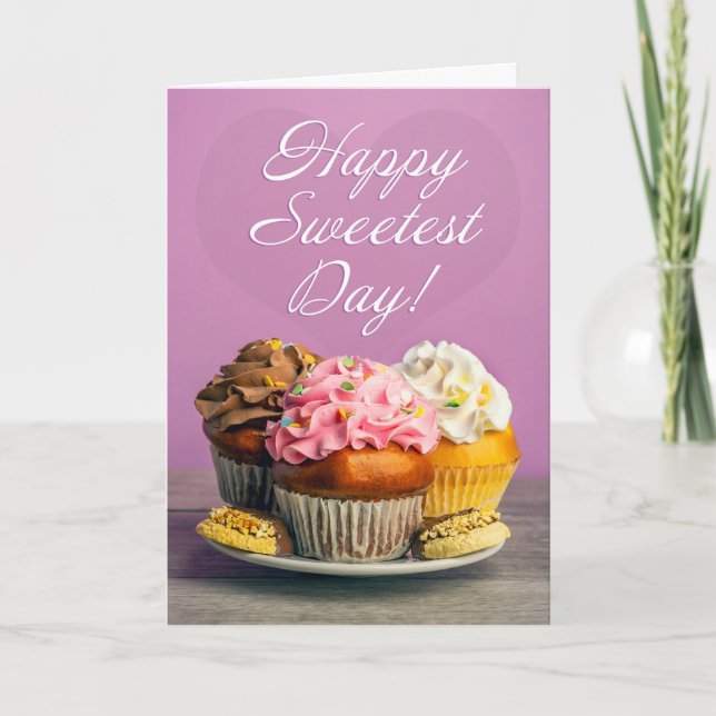 Happy Sweetest Day Cupcakes and Cookies on Purple  Holiday Card (Front)