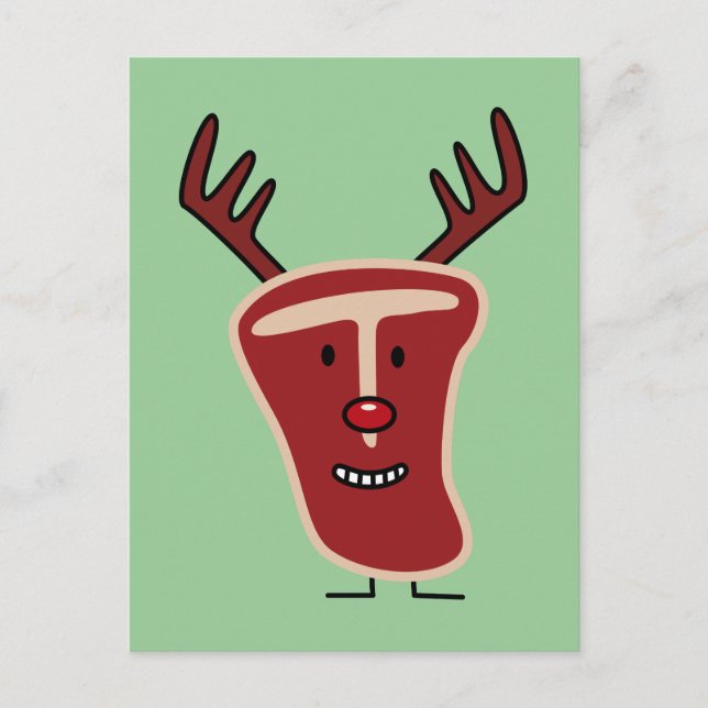 Happy T-Bone Steak Reindeer red nose Christmas Holiday Postcard (Front)