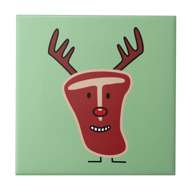 Happy T-Bone Steak Reindeer red nose Christmas Tile (Front)