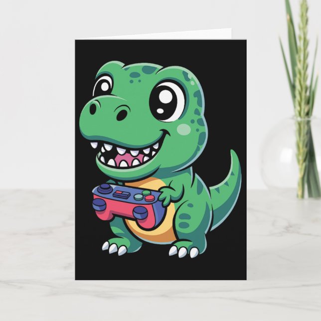 Happy T-rex With Game Controller Cute Gamer Dino T Card (Front)