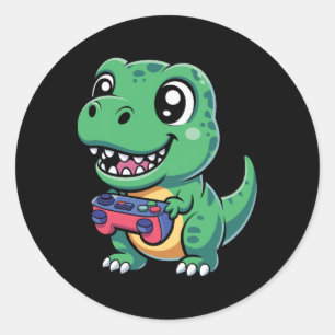 Happy T-rex With Game Controller Cute Gamer Dino T Classic Round Sticker