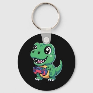 Happy T-rex With Game Controller Cute Gamer Dino T Key Ring