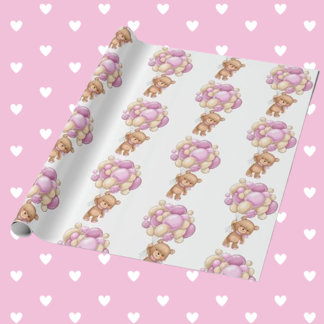 Happy Teddy Bear Pink Baby Shower Wrapping Paper