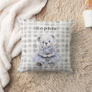 Happy Teddy Bear Purple Floral Cushion