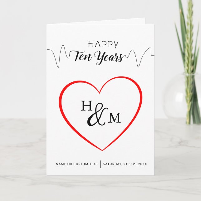 Happy Ten Years Elegant Monogram Heart Anniversary Card (Front)