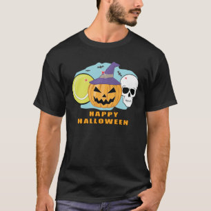 Happy Tennis Halloween - Spooky Skull and Pumpkin  T-Shirt