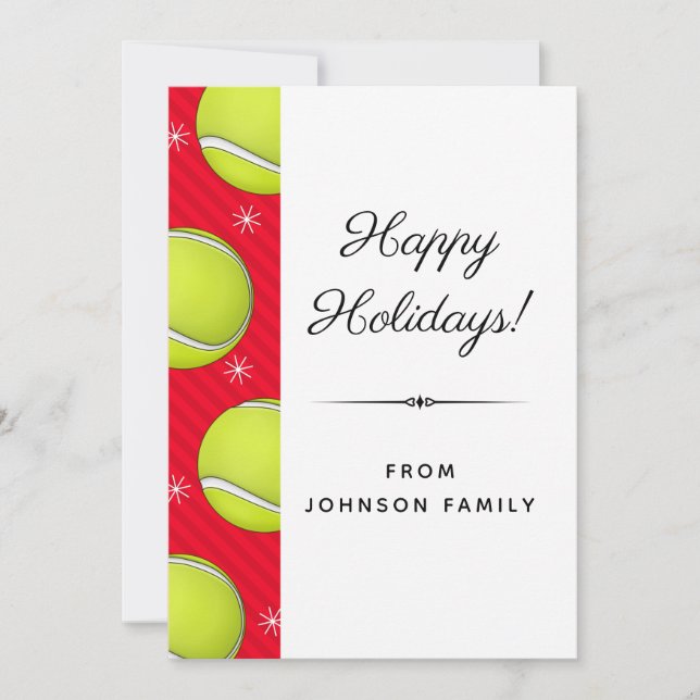 Happy Tennis Holidays Red Striped Snowflake Sports Holiday Card (Front)