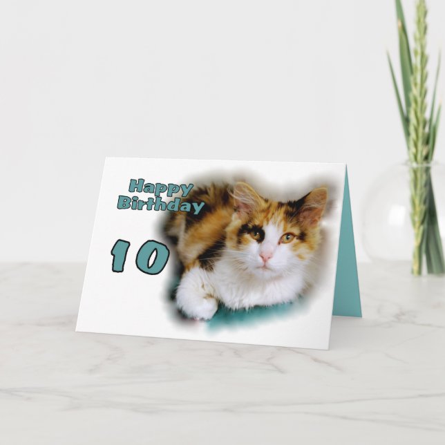 Happy Tenth Birthday Calico Cat Card (Front)