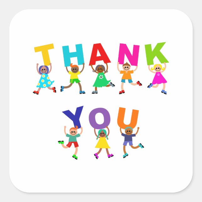 Happy Thank You Cute Cartoon Diverse Kids Text Square Sticker (Front)