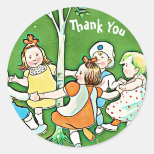 Happy Thank You stickers, children dancing, green Classic Round Sticker