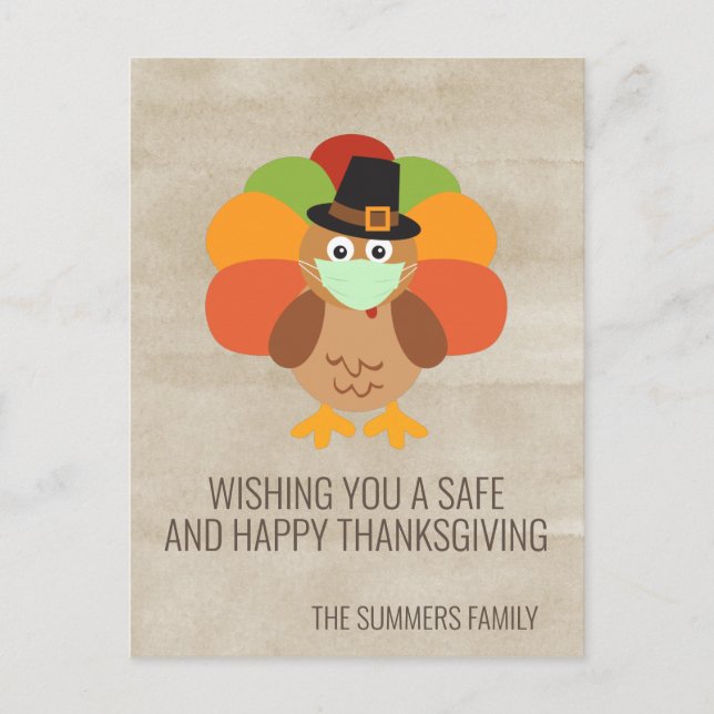 Happy Thanksgiving 2020 Turkey with Face Mask Postcard (Front)