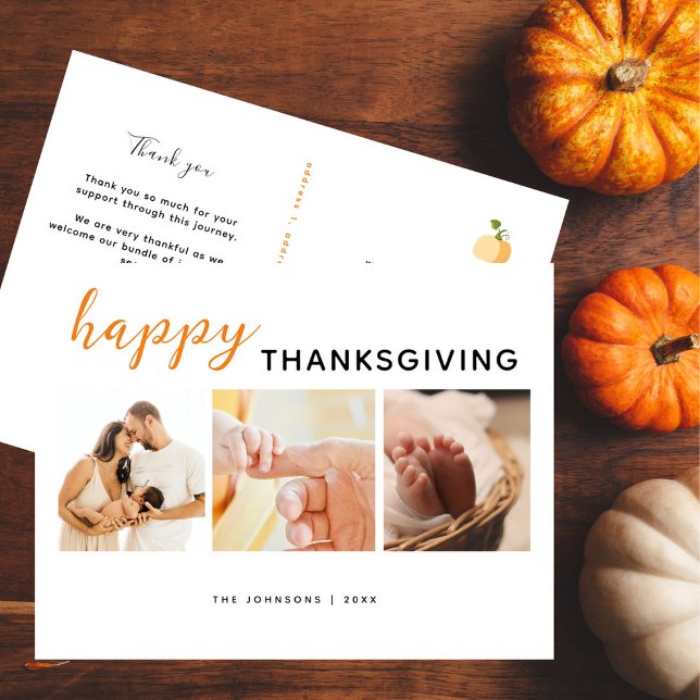Happy Thanksgiving 3 Photo Baby Shower Thank You Holiday Postcard (Creator Uploaded)