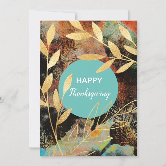 Happy Thanksgiving abstract gold autumn leaves Holiday Card (Front)