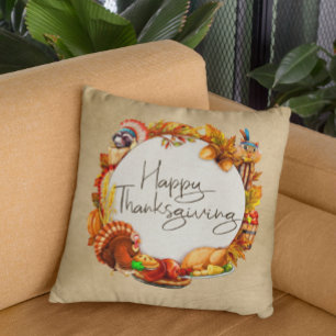 Happy Thanksgiving Animals Turkey Wreath Autumn Cushion