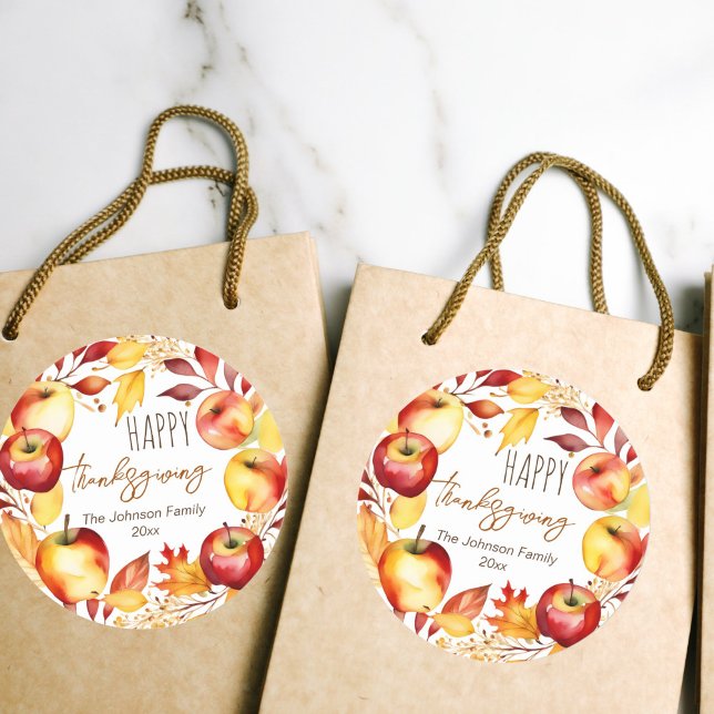 Happy Thanksgiving apple wreath template Classic Round Sticker (Happy Thanksgiving watercolor apple and leave wreath favor gift stickers)