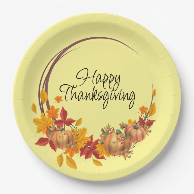 HAPPY THANKSGIVING Autumn Colors Pumpkins Wreath Paper Plate (Front)
