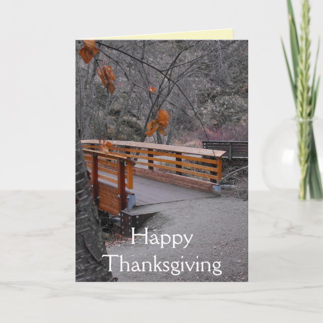 Happy Thanksgiving Autumn Colour Leaves Bridge  Holiday Card (Front)