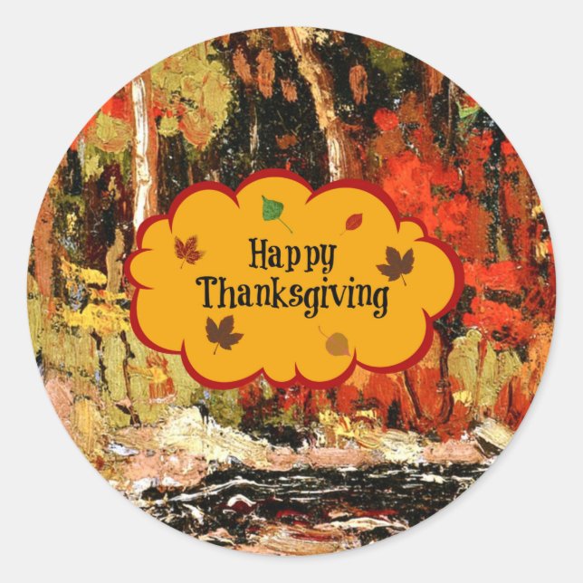 Happy Thanksgiving, autumn colours, Classic Round Sticker (Front)