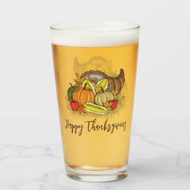 Happy Thanksgiving Autumn Cornucopia  Glass (Back Filled)