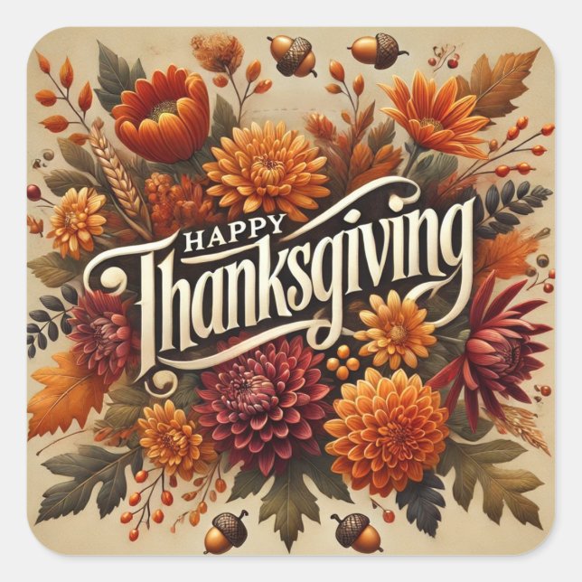 HAPPY THANKSGIVING AUTUMN FALL LEAVES SQUARE STICKER (Front)